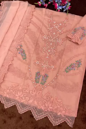 Peach chiffon semi stitched suit with embroidery thread & khatli work