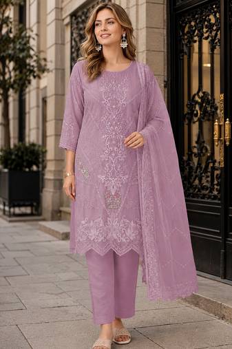 Lavender chiffon suit with embroidery thread & khatli work