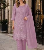 Lavender chiffon semi stitched suit with embroidery thread & khatli work