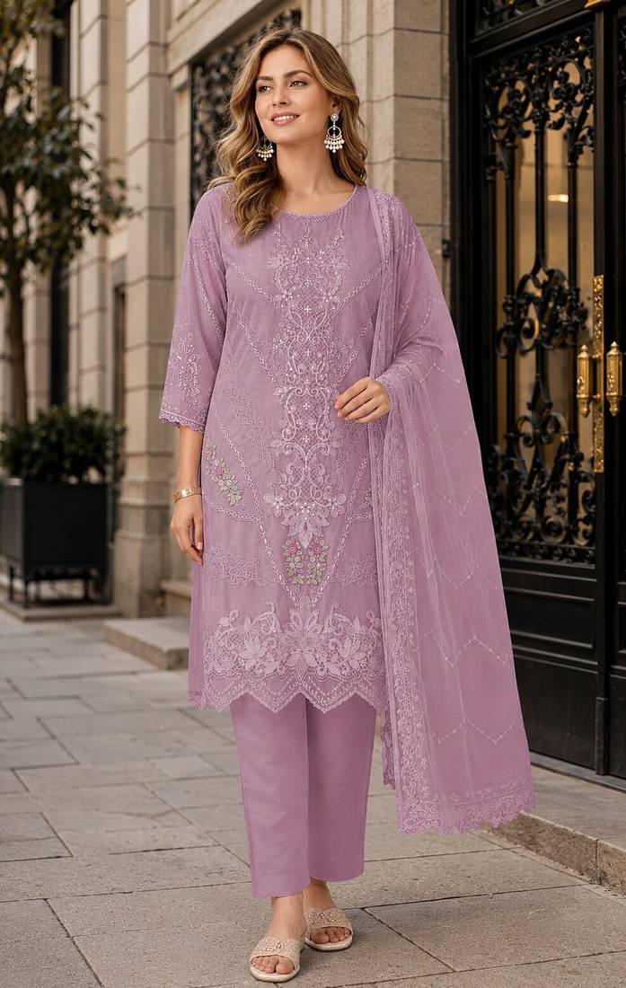 Lavender chiffon semi stitched suit with embroidery thread & khatli work