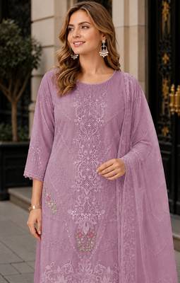 Lavender chiffon semi stitched suit with embroidery thread & khatli work 2
