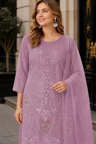 Lavender chiffon semi stitched suit with embroidery thread & khatli work