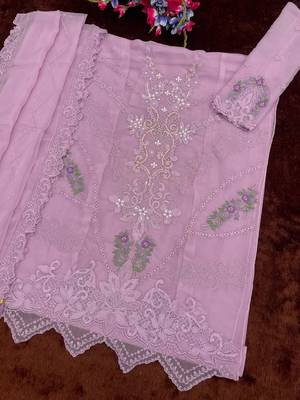 Lavender chiffon semi stitched suit with embroidery thread & khatli work 3