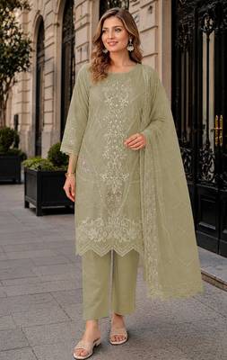 Green chiffon semi stitched suit with embroidery thread & khatli work 1