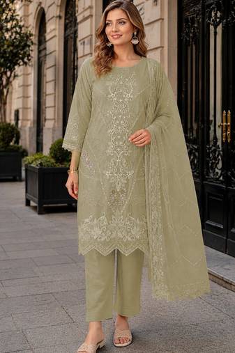 Green chiffon suit with embroidery thread & khatli work