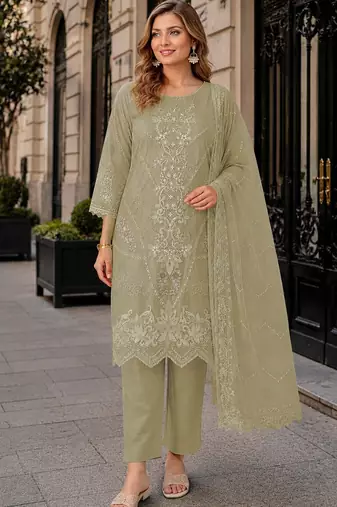 Green chiffon semi stitched suit with embroidery thread & khatli work