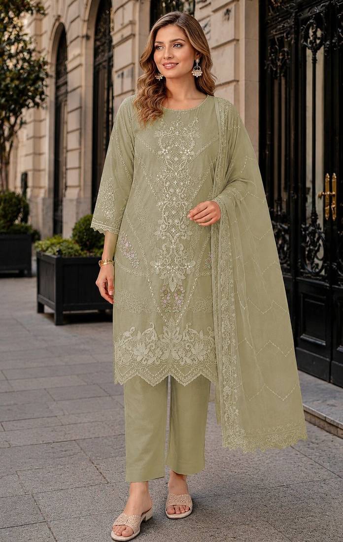 Green chiffon semi stitched suit with embroidery thread & khatli work