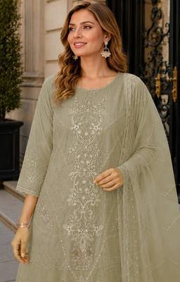 Green chiffon semi stitched suit with embroidery thread & khatli work 2