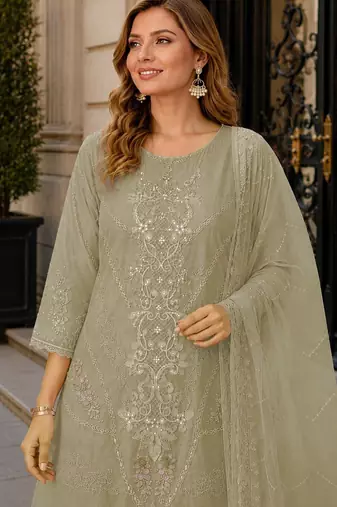 Green chiffon semi stitched suit with embroidery thread & khatli work