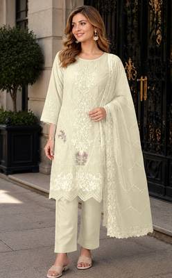 White chiffon semi stitched suit with embroidery thread & khatli work 1