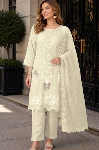 White chiffon suit with embroidery thread & khatli work