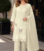 White chiffon semi stitched suit with embroidery thread & khatli work