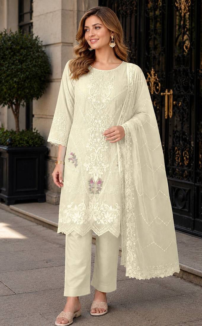 White chiffon semi stitched suit with embroidery thread & khatli work