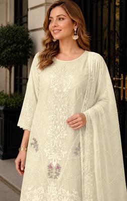White chiffon semi stitched suit with embroidery thread & khatli work 2