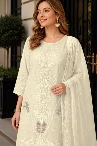 White chiffon semi stitched suit with embroidery thread & khatli work