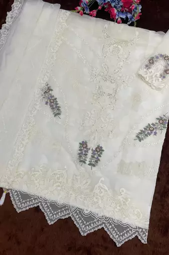 White chiffon semi stitched suit with embroidery thread & khatli work