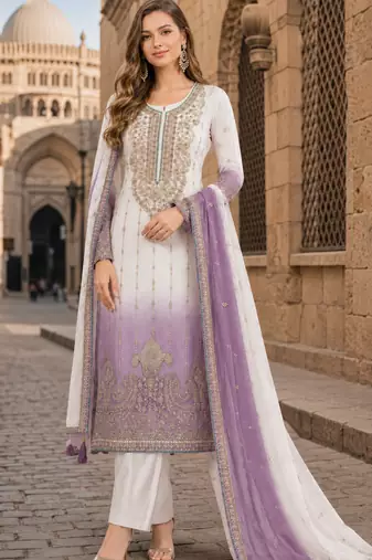 Lavender&white chiffon semi stitched suit with embroidery & sequence work
