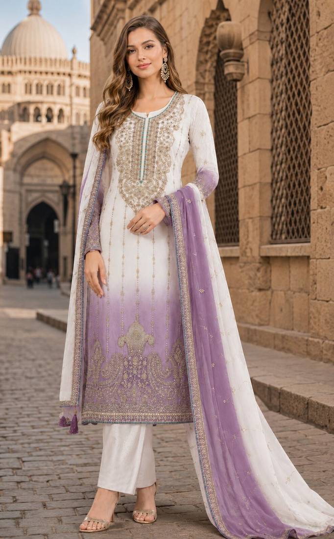 Lavender&white chiffon semi stitched suit with embroidery & sequence work