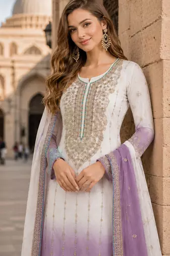 Lavender&white chiffon semi stitched suit with embroidery & sequence work