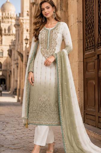 Green&white chiffon semi stitched suit with embroidery & sequin work