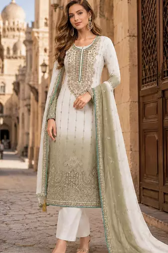 Green&white chiffon semi stitched suit with embroidery & sequence work