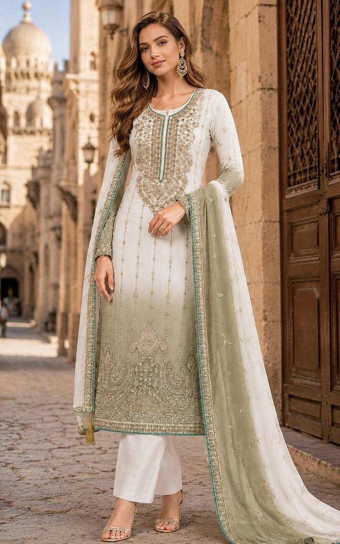 Green&white chiffon semi stitched suit with embroidery & sequence work