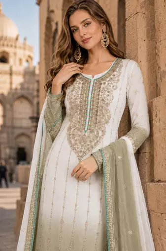 Green&white chiffon semi stitched suit with embroidery & sequence work
