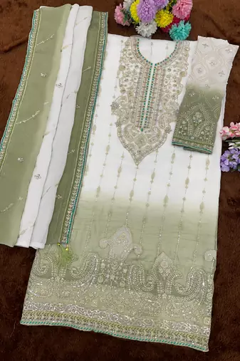 Green&white chiffon semi stitched suit with embroidery & sequence work