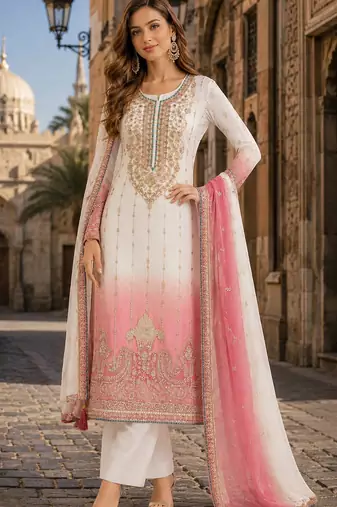 Pink&white chiffon semi stitched suit with embroidery & sequence work