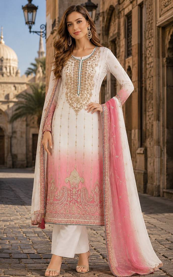 Pink&white chiffon semi stitched suit with embroidery & sequence work