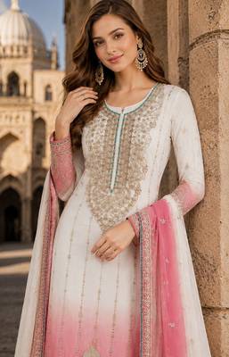Pink&white chiffon suit with embroidery & sequin work 2