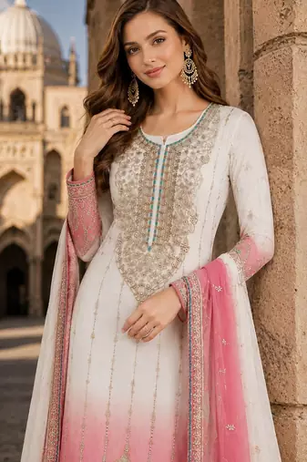 Pink&white chiffon semi stitched suit with embroidery & sequence work