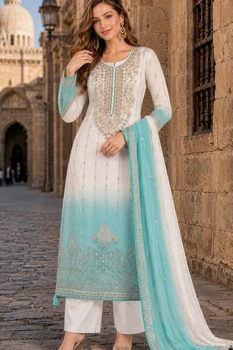 Blue&white chiffon semi stitched suit with embroidery & sequin work