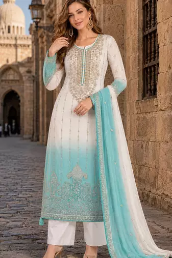 Blue&white chiffon semi stitched suit with embroidery & sequence work