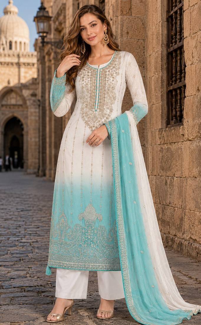 Blue&white chiffon semi stitched suit with embroidery & sequence work