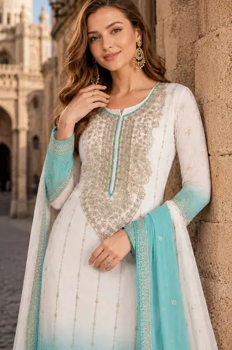 Blue&white chiffon semi stitched suit with embroidery & sequence work