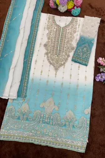 Blue&white chiffon semi stitched suit with embroidery & sequence work