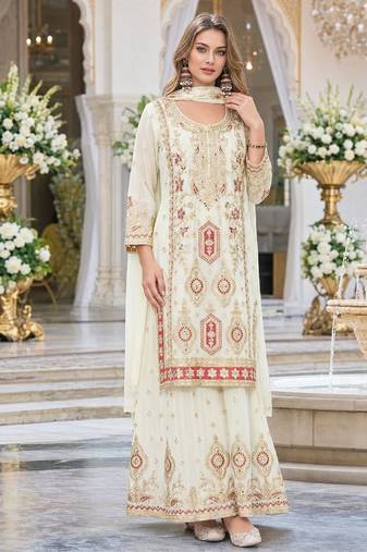 Off white heavy chinon with embroidery ready made sharara suit (free size)