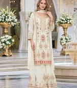 Off white heavy chinon with embroidery ready made sharara suit (free size)