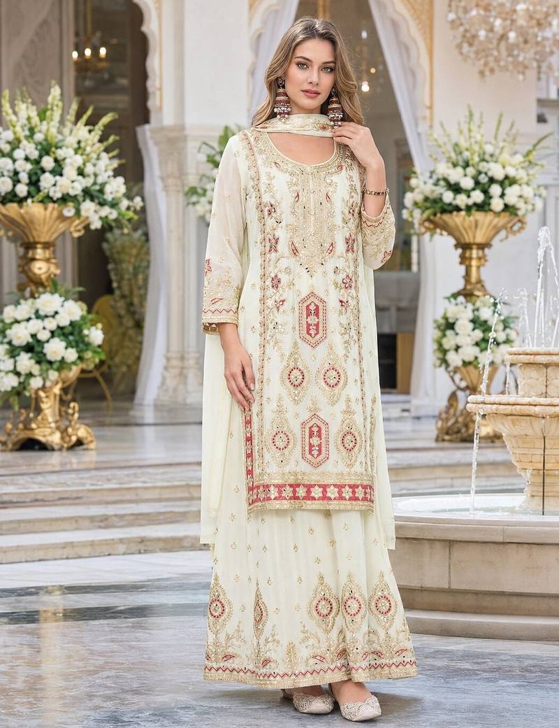 Off white heavy chinon with embroidery ready made sharara suit (free size)