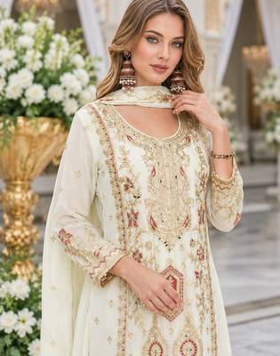 Off white heavy chinon with embroidery ready made sharara suit (free size) 2