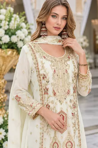 Off white heavy chinon with embroidery ready made sharara suit (free size)