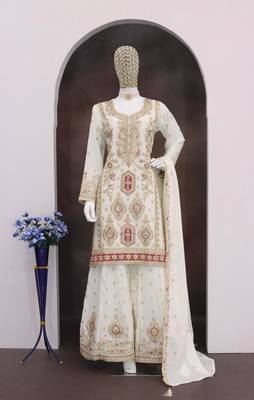 Off white heavy chinon with embroidery ready made sharara suit (free size) 3