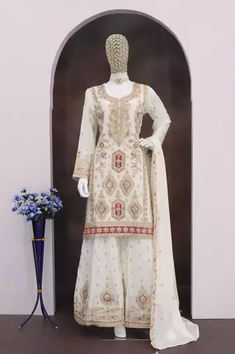 Off white heavy chinon with embroidery ready made sharara suit (free size)
