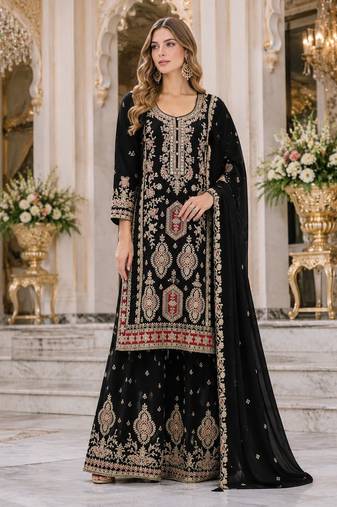 Black heavy chinon with embroidery ready made sharara suit (free size)
