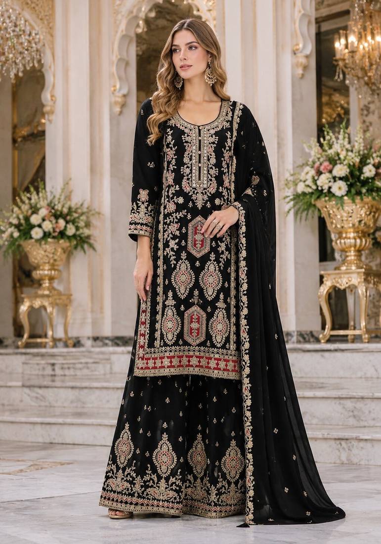 Black heavy chinon with embroidery ready made sharara suit (free size)