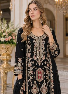 Black heavy chinon with embroidery ready made sharara suit (free size) 2