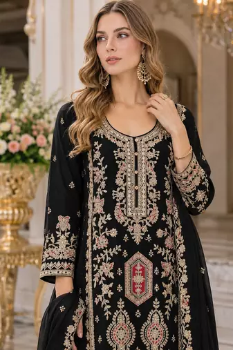 Black heavy chinon with embroidery ready made sharara suit (free size)