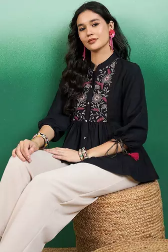 women embroidered floral print mandarin collar top
