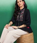women embroidered floral print mandarin collar top